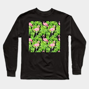 Tropical Pattern Flamingos & Pink Flowers Long Sleeve T-Shirt